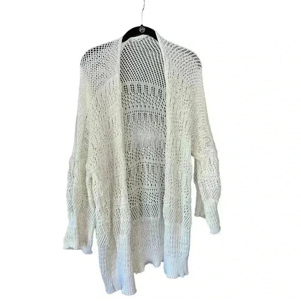 Elegant Cream Open-Front Crochet Cardigan Sweater Boho Chic One‎ Size A15